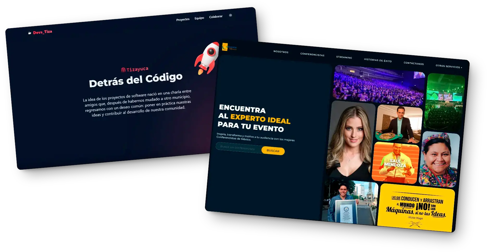 Vista de dos interfaces de sitios web con diseño moderno y oscuro. La primera pantalla muestra el título 'Detrás del Código' con un cohete y fondo oscuro, explicando el origen de un proyecto de software comunitario. La segunda pantalla presenta una plataforma para encontrar ponentes, con un diseño atractivo, fotos de expertos y un botón de búsqueda destacado.